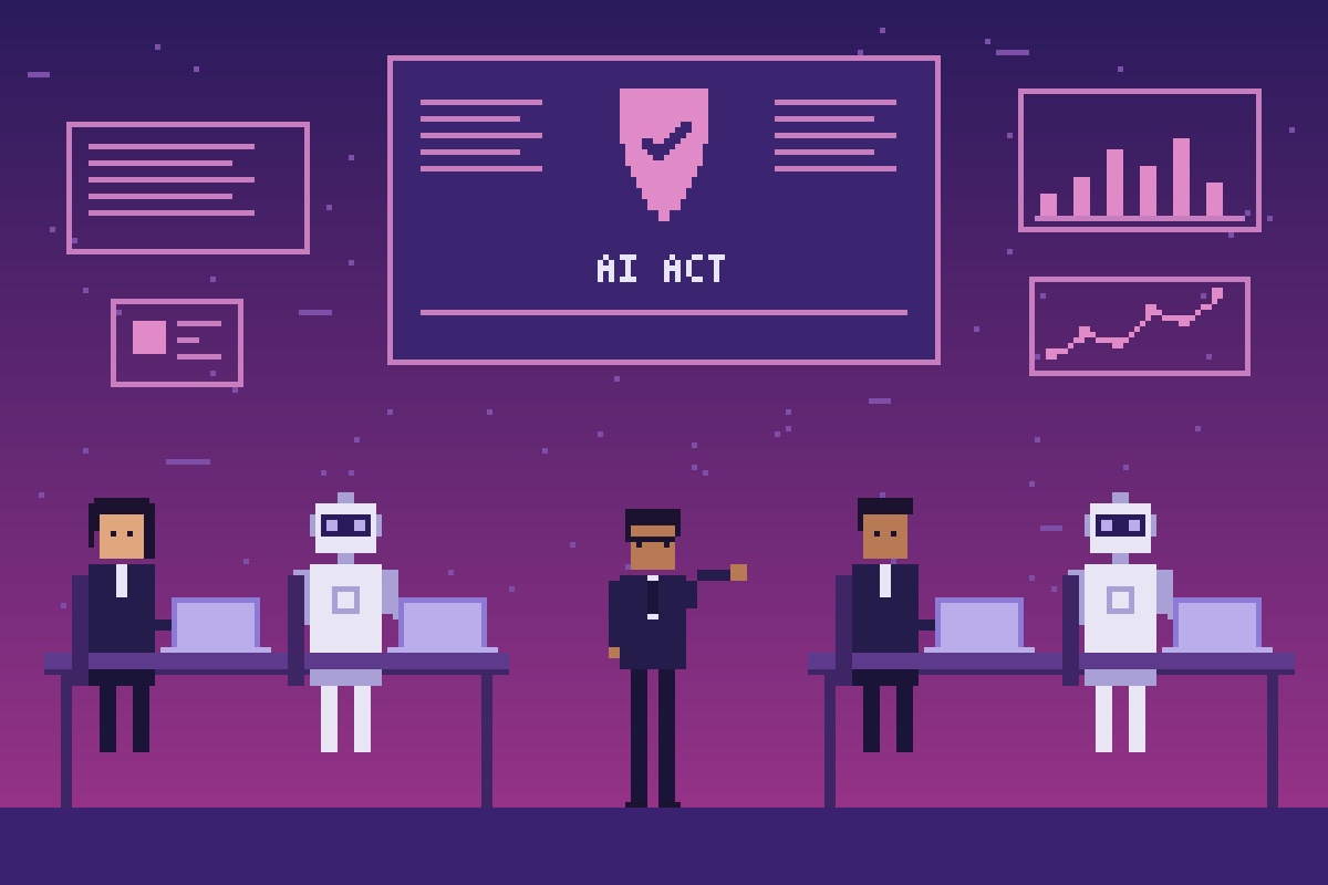 Pixelart van een team met A.I.-robots aan bureaus, onder een scherm met het AI Act-schild.