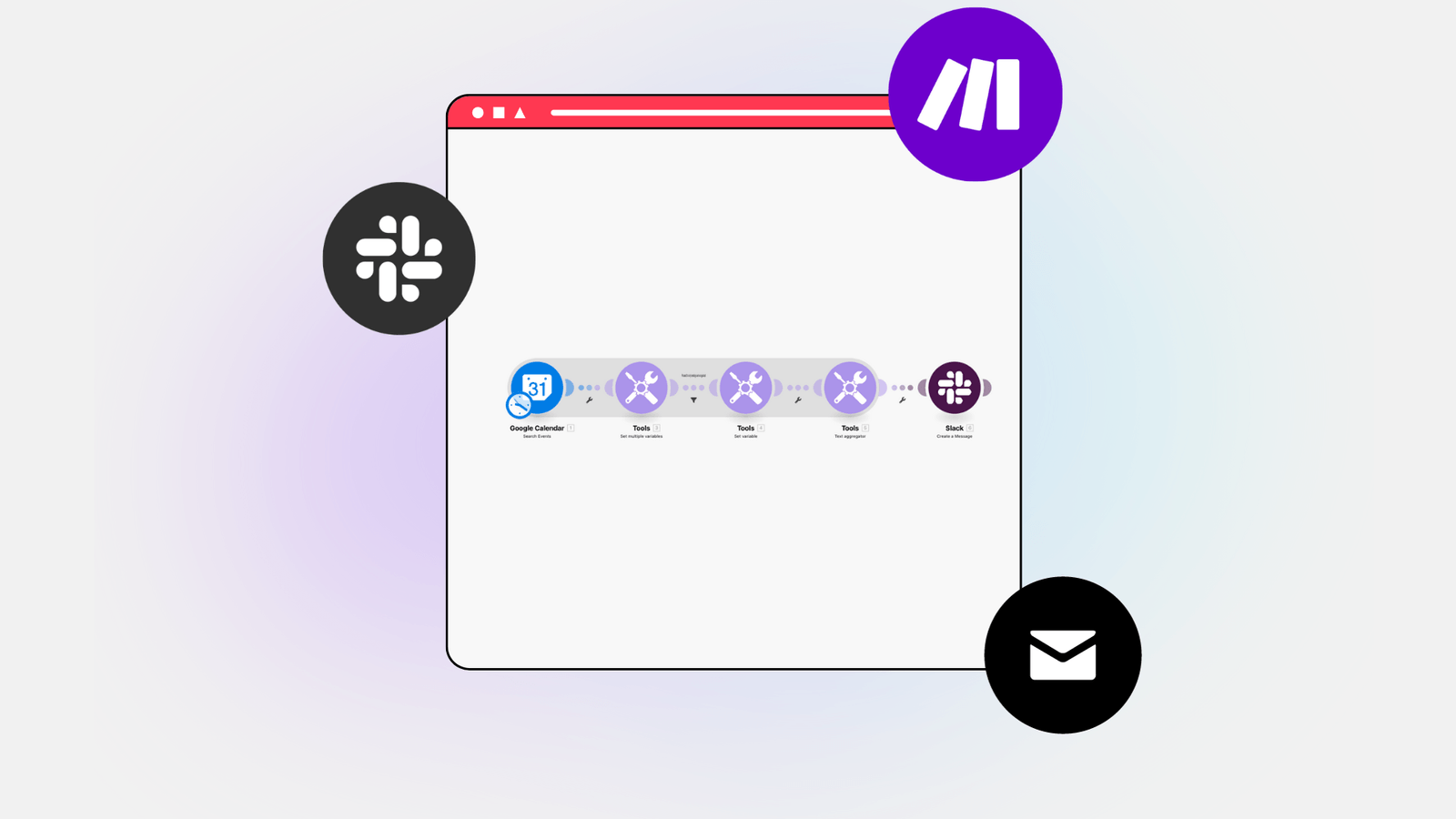 Illustratie van een browservenster met een workflow van agenda naar Slack en mail.