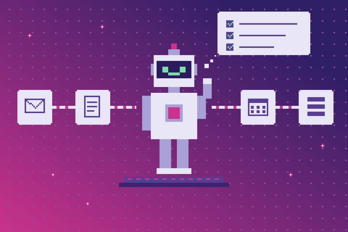 Pixel art of an A.I. agent robot connecting email, documents, a calendar and lists.