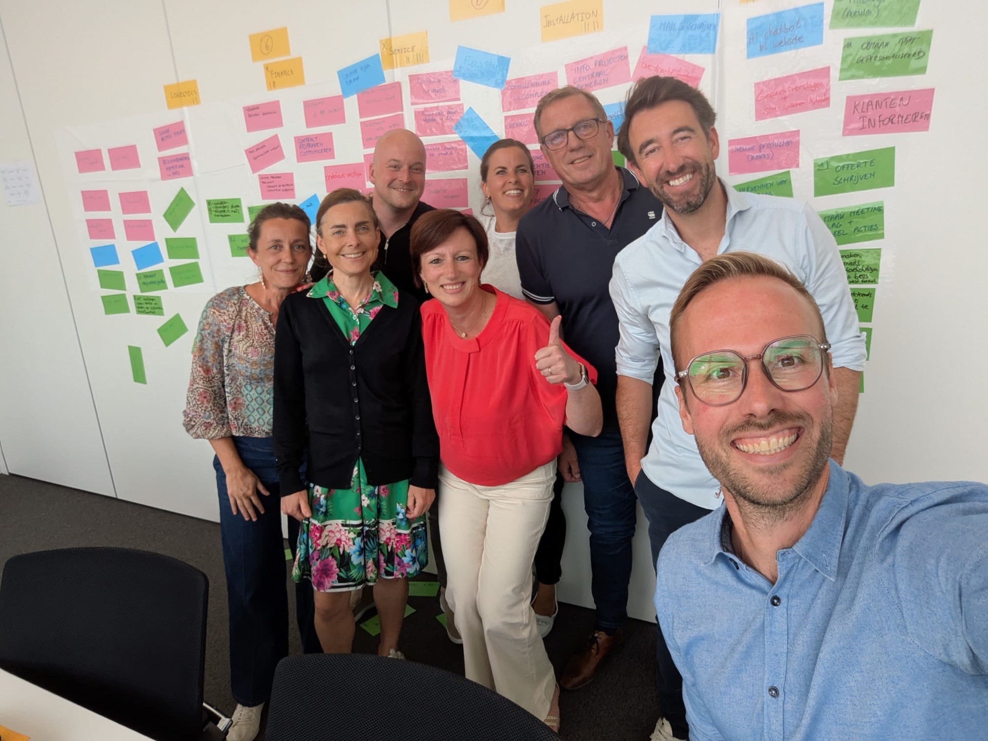 Groepsfoto van acht mensen voor een wand vol gekleurde post-its.