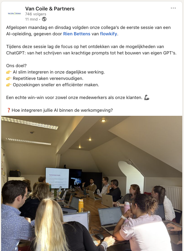 LinkedIn-bericht van Van Coile & Partners over de eerste sessie van de A.I.-opleiding, met een foto van het team achter hun laptops.