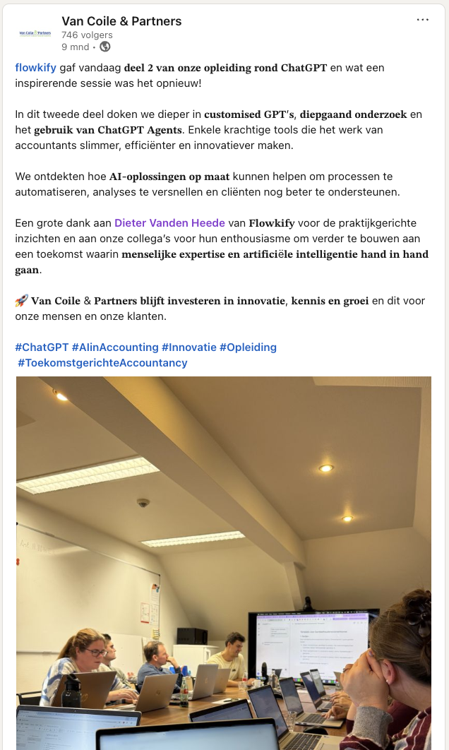 LinkedIn-bericht van Van Coile & Partners over deel 2 van de opleiding rond ChatGPT, met een foto van de sessie in hun kantoor.